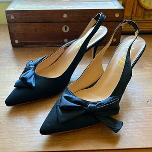 Navy Satin Slingback Heels with Bow